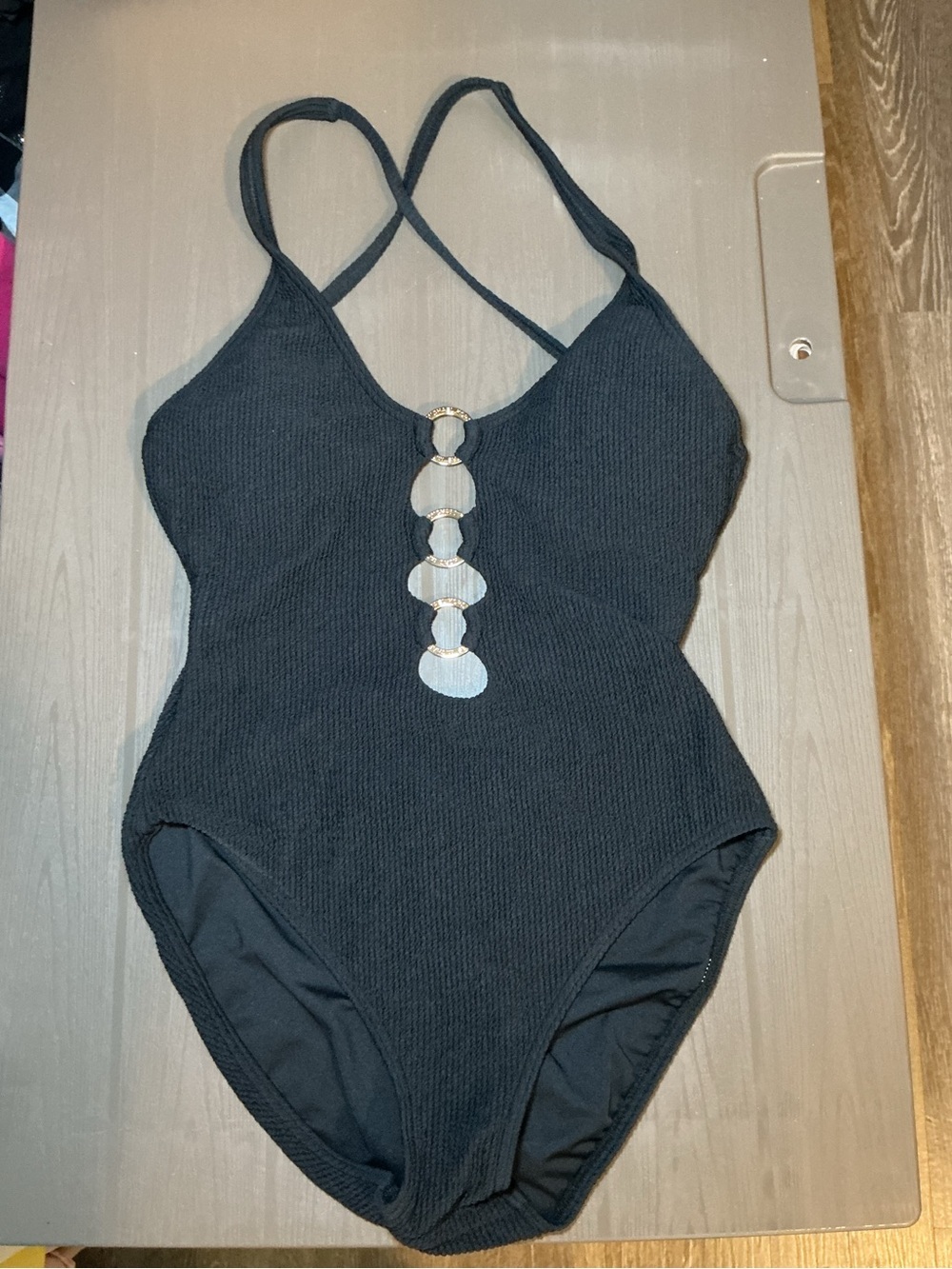 Michael Kors Black One-Piece Swimsuit with Silver Shell Accent - Picture 6 of 10